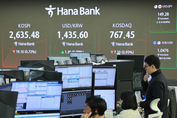 24일 서울 중구 하나은행 딜링룸 모습. [연합뉴스]