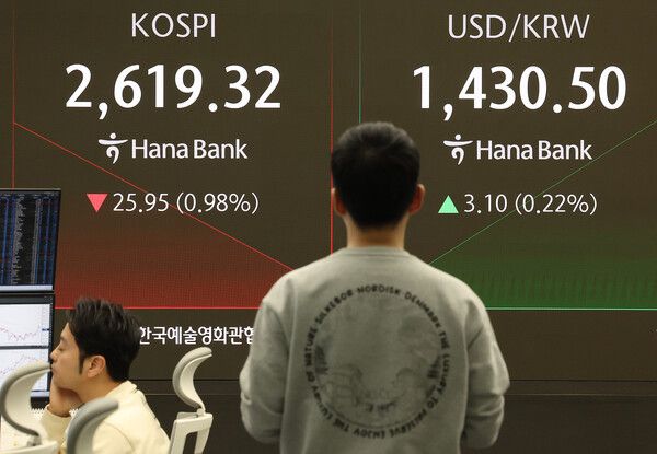25일 오전 서울 중구 하나은행 본점 딜링룸 모습. [연합뉴스]