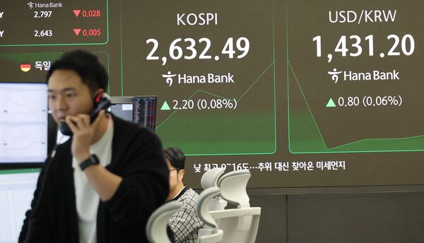 &nbsp;26일 오전 서울 중구 하나은행 본점 딜링룸 모습. [연합뉴스]