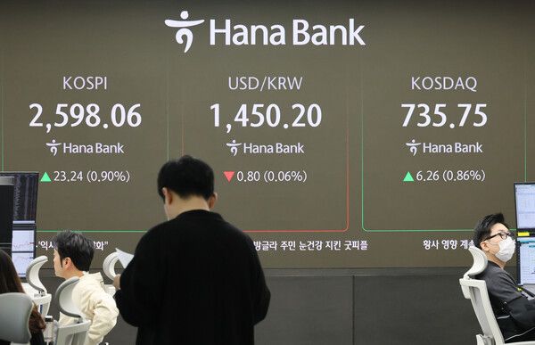 13일 서울 중구 하나은행 본점 딜링룸 현황판에 코스피, 원/달러 환율, 코스닥 지수 등이 표시돼 있다. [연합뉴스]