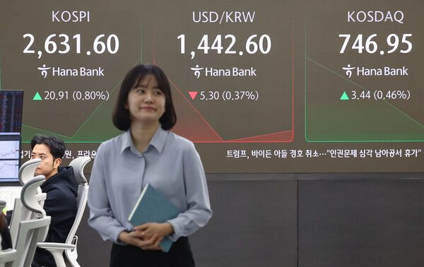 18일 오전 서울 중구 하나은행 본점 딜링룸 모습. [연합뉴스]