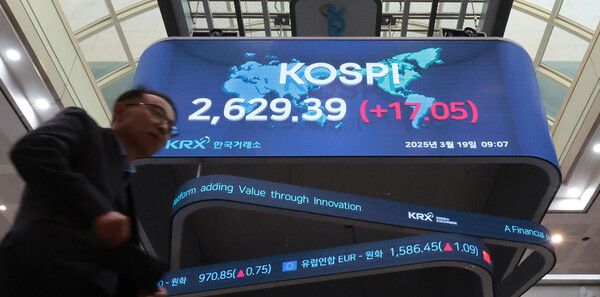 19일 서울 영등포구 여의도 한국거래소 현황판에 코스피 지수 등이 표시되고 있다. [연합뉴스]