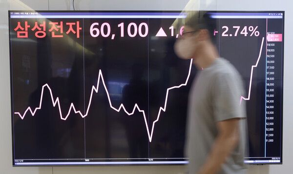 삼성전자&nbsp;주가가 장중 6만원을 돌파한 20일 서울 종로구 연합인포맥스에 설치된 모니터 모습. [연합뉴스]