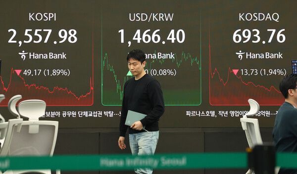 &nbsp;28일 서울 중구 하나은행 본점 딜링룸 모습. [연합뉴스]