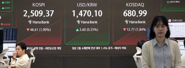 31일 서울 중구 하나은행 본점 딜링룸 모습. [연합뉴스]