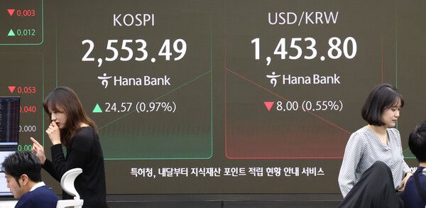 5일 오전 서울 중구 하나은행 본점 딜링룸 모습. [연합뉴스]