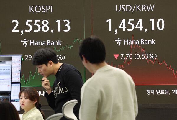 5일 오후 서울 중구 하나은행 본점 딜링룸 현황판에 코스피, 원/달러 환율이 표시돼 있다. [연합뉴스]