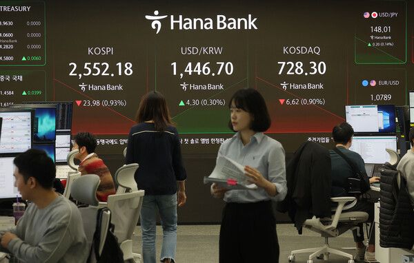 7일 오전 서울 중구 하나은행 본점 딜링룸 모습. [연합뉴스]