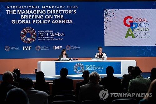 브리핑하는 IMF 총재. [EPA 연합뉴스]