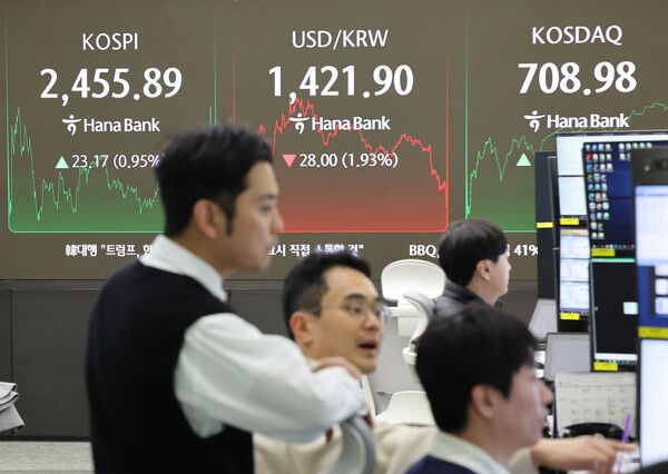 14일 서울 중구 하나은행 딜링룸 모습. [연합뉴스]