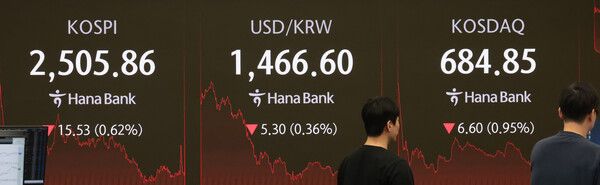 2일 서울 중구 하나은행 본점 딜링룸 모습. [연합뉴스]