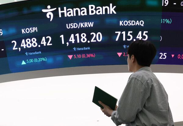 21일 오후 서울 중구 하나은행 딜링룸 모습. [연합뉴스]