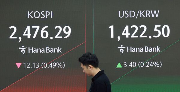 &nbsp;22일 서울 중구 하나은행 본점 딜링룸 모습. [연합뉴스]