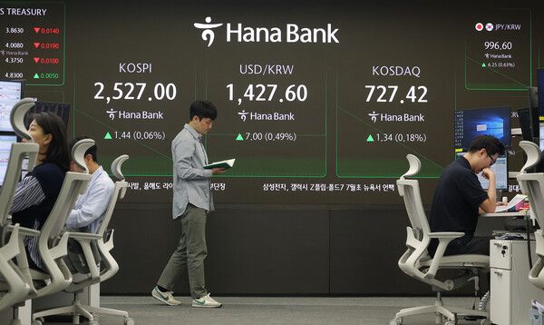 &nbsp;24일 오전 서울 중구 하나은행 본점 딜링룸 모습. [연합뉴스]