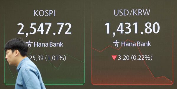 &nbsp;25일 서울 중구 하나은행 본점 딜링룸 모습. [연합뉴스]