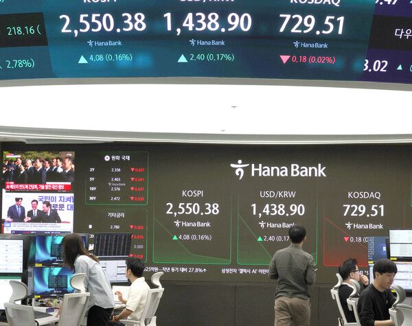 28일 서울 중구 하나은행 딜링룸 모습. [연합뉴스]