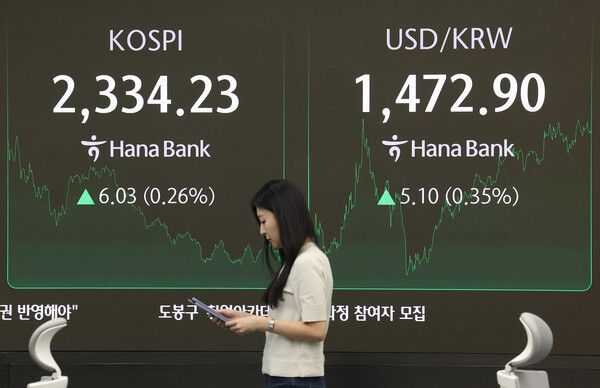 8일 오후 서울 중구 하나은행 본점 딜링룸 현황판에 코스피, 원/달러 환율, 코스닥 지수가 표시돼 있다. [연합뉴스]