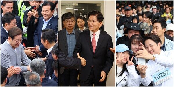 제21대 대통령선거 공식 선거운동 시작을 하루 앞둔 11일 남도문화벨트 골목골목 경청투어에 나선 더불어민주당 이재명 대선 후보(왼쪽부터), 국민의힘 당사로 들어서는 국민의힘 김문수 대선 후보, 다이아몬드브릿지 걷기축제에 참가해 시민들과 기념촬영하는 개혁신당 이준석 대선 후보의 모습. [연합뉴스]