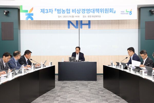 농협중앙회는 19일 서울 중구 농협중앙회 본관 화상회의실에서 지준섭 부회장(가운데) 주재로 ‘제3차 범농협 비상경영대책위원회’를 개최했다. [농협중앙회]