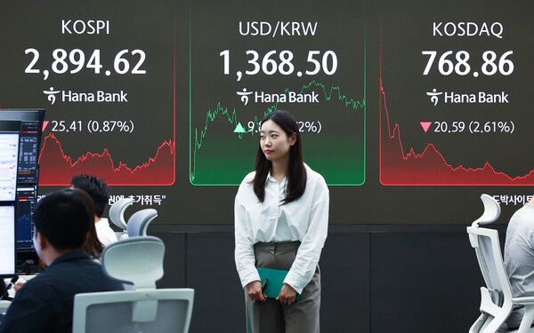 이스라엘이 이란에 대한 공습에 나서는 등 중동 위기가 격화한 13일 서울 중구 하나은행 본점 딜링룸 현황판에 코스피, 원/달러 환율, 코스닥 지수가 표시돼 있다. [연합뉴스]