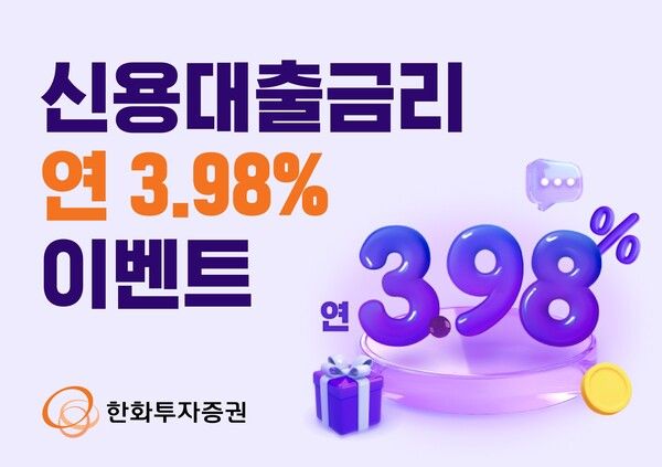 한화투자증권은 오는 9월&nbsp;30일까지&nbsp;‘신용대출금리 연&nbsp;3.98%’&nbsp;이벤트를 실시한다. [한화투자증권]