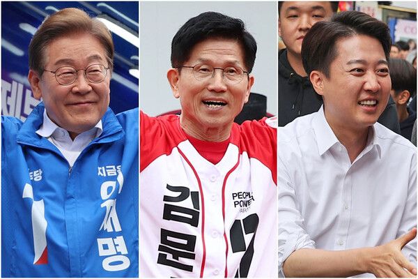 24일 안양에서 집중유세하는 이재명 후보(왼쪽부터), 안동 방문한 김문수 후보, 수원에서 유세하는 이준석 후보. [연합뉴스]