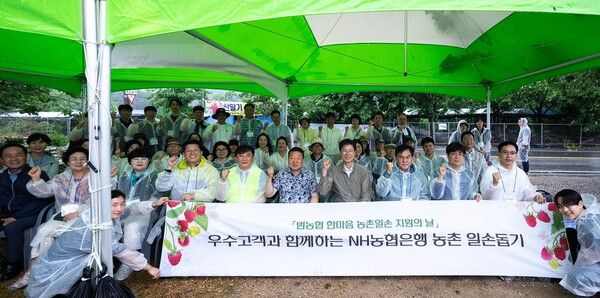 지난 20일 경기 포천에서 농협은행 우수고객과 강태영 은행장(첫줄 오른쪽 네번째)을 비롯한 농협은행 임직원, 김광열 포천농협 조합장(첫줄 오른쪽 다섯 번째) 등이 일손돕기에 참여했다. [NH농협은행]