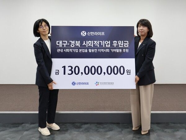 지난 26일 대구 중구 대구스테이션센터에서 열린 대구·경북 사회적기업 후원금 전달식에서 정재민 한국사회적기업진흥원 동남권총괄본부장(왼쪽), 김민지 신한라이프 지속성장본부장(오른쪽)이 기념 촬영을 하고 있다. [신한라이프]
