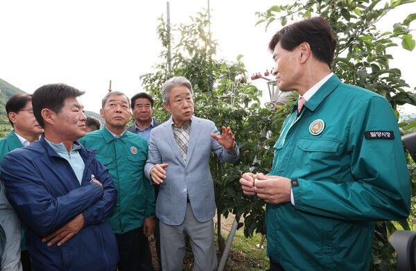 강호동 농협중앙회장(가운데)은 경남 밀양의 우박 피해 농가를 찾아 여름철 재해 대응 및 피해 예방 대책을 논의하고 있다. [농협중앙회]