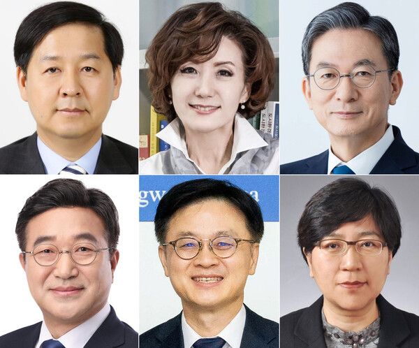 (사진 왼쪽 위부터 시계방향으로) 구윤철 기획재정부 장관 후보자, 이진숙 교육부 장관 후보자, 정성호 법무부 장관 후보자. 사진 왼쪽 아래부터 윤호중 행정안전부 장관 후보자, 김정관 산업통상자원부 장관 후보자, 정은경 보건복지부 장관 후보자. [연합뉴스]