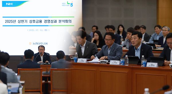 농협상호금융은 지난 14일 서울 중구 농협중앙회 본관에서 농축협 사업 중간 점검 등을 위한 경영성과분석회의를 갖고 임직원들과 함께 상호 토론의 시간을 가졌다. [농협]