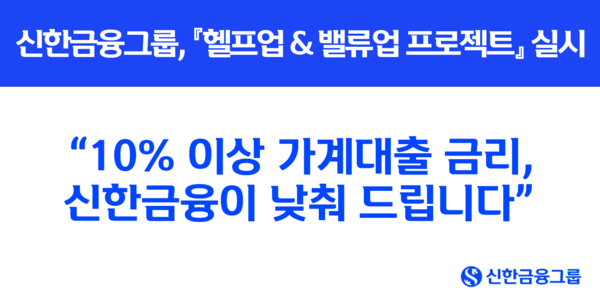 신한금융그룹은 이달 중 신한은행 가계대출 보유 고객의 금융부담 완화를 위해 금리가 두 자릿수 이상인 모든 기존 가계대출의 금리를 한 자릿수로 인하한다. [신한금융그룹]