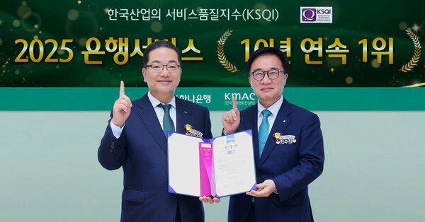 하나은행은 한국능률협회컨설팅(KMAC)이 주관하는 2025년 한국산업의 서비스품질지수(KSQI) '고객 접점' 부문에서 10년 연속 1위 은행에 선정됐다. 지난 23일 하나은행 본점에서 열린 인증식에서 이호성 하나은행장(사진 왼쪽)이 한수희 한국능률협회컨설팅(KMAC) 대표이사 사장과 함께 인증서와 상패를 들고 기념 촬영을 하고 있다. [하나은행]