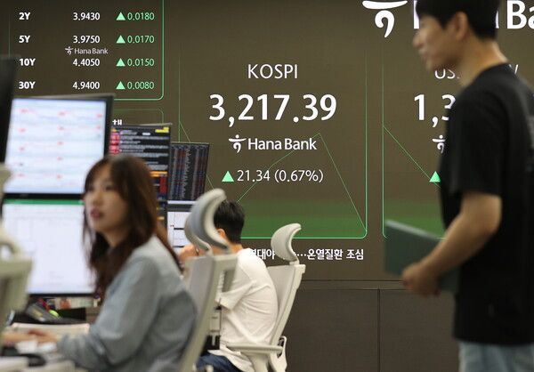 28일 서울 중구 하나은행 딜링룸 모습. [연합뉴스]