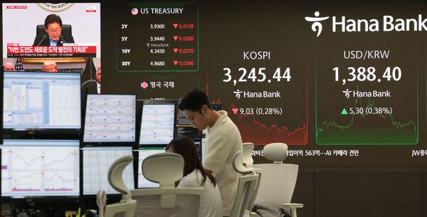 한미 무역협상이 타결된 31일 서울 중구 하나은행 딜링룸 현황판에 코스피 지수 등이 표시되고 있다. [연합뉴스]