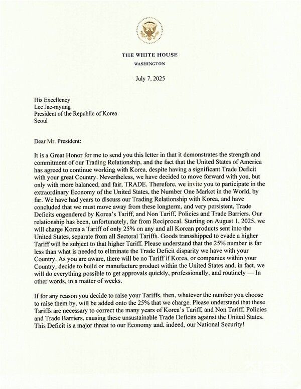 트럼프 미국 대통령이 한국에 보낸 무역 서한. [트루스소셜 캡처]​