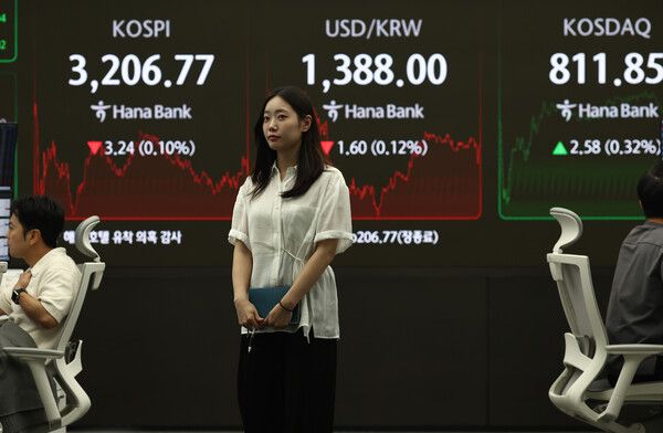 코스피가 3.24p(0.10%) 내린 3206.77로 장을 마친 11일 서울 하나은행 본점 딜링룸에서 딜러들이 업무를 보고 있다. [연합뉴스]