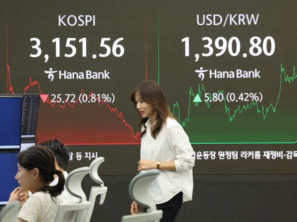 19일 서울 중구 하나은행 딜링룸 모습. [연합뉴스]