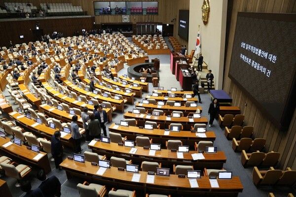 25일 서울 여의도 국회에서 상법 개정안 처리와 관련해 국민의힘이 진행 중인 무제한 토론(필리버스터)을 종료하기 위한 투표가 진행되고 있다. [연합뉴스]