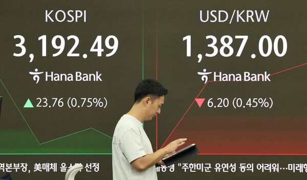 25일 서울 중구 하나은행 딜링룸 모습. [연합뉴스]