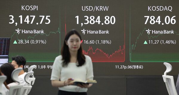 4일 서울 중구 하나은행 딜링룸 모습. [연합뉴스]