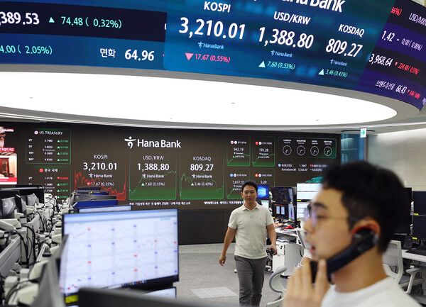 코스피가 닷새 만에 하락하며 3210선으로 장을 마친 8일 서울 중구 하나은행 본점 딜링룸에 지수가 표시돼 있다. [연합뉴스]