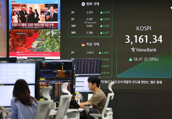 2일 서울 중구 하나은행 딜링룸 모습. [연합뉴스]