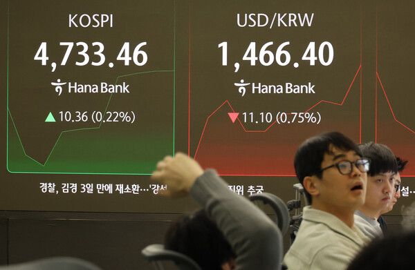 15일 서울 중구 하나은행 딜링룸 모습. [연합뉴스]