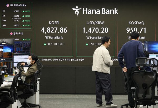 16일 서울 중구 하나은행 딜링룸 모습. [연합뉴스]