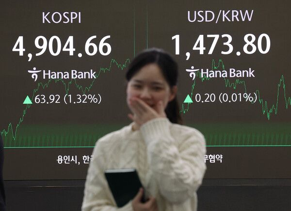 19일 서울 중구 하나은행 딜링룸 모습. [연합뉴스]