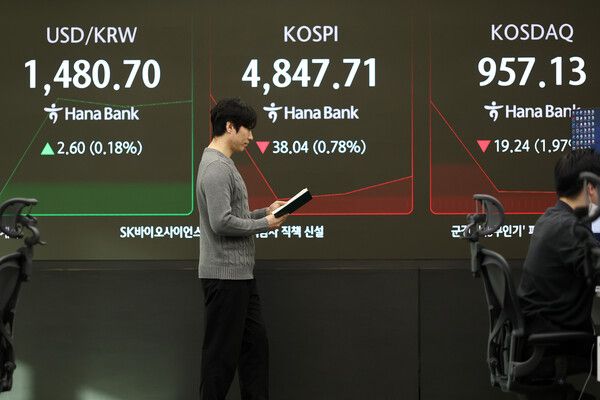 21일 서울 중구 하나은행 딜링룸 모습. [연합뉴스]