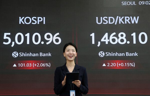 코스피 5000지수를 달성한 22일 오전 신한은행 딜링룸 모습. [신한은행]