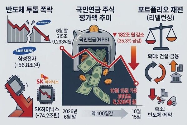 국내 증시 변동성이 확대되면서 국민연금이 보유한 국내 상장 주식 평가액이 석 달 반 만에 182조원 넘게 증발했다. [에프앤가이드·제미나이·안중열 기자]