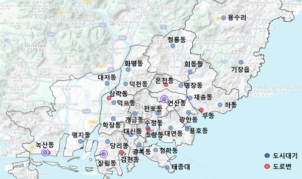 대기환경측정망 운영지점 위치도. [부산시]